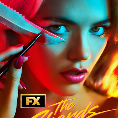 Official FX poster for The Shards showing a character holding a knife near her eye with neon lighting and the show's title