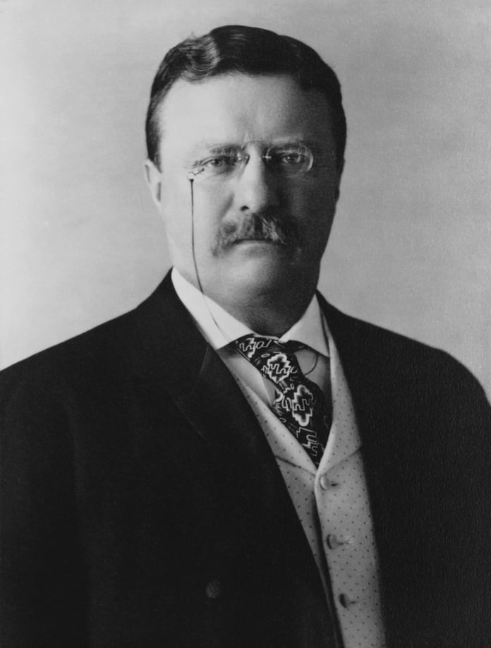 Theodore Roosevelt, 26th President of the United States, photographed in 1904 wearing his pince-nez spectacles