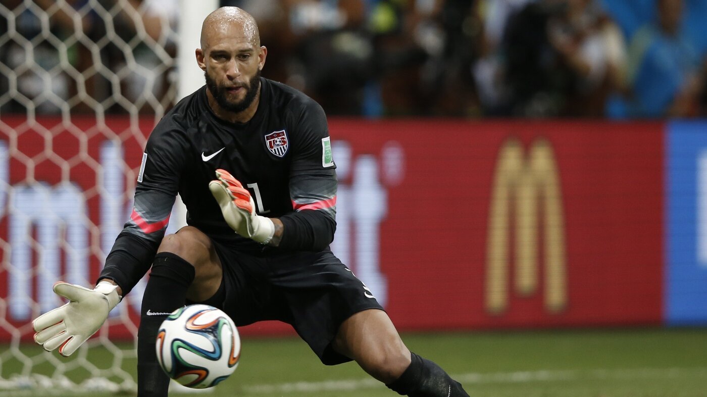 United States goalkeeper Tim Howard stretches to make a save during the 2014 World Cup round of 16 match against Belgium in Salvador