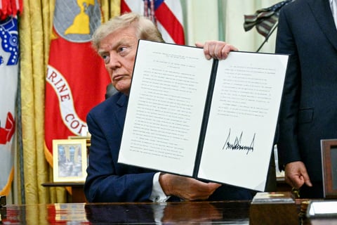 President Donald Trump holding a signed executive order in the Oval Office August 2026