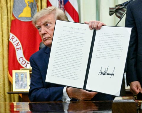 President Donald Trump holding a signed executive order in the Oval Office August 2026