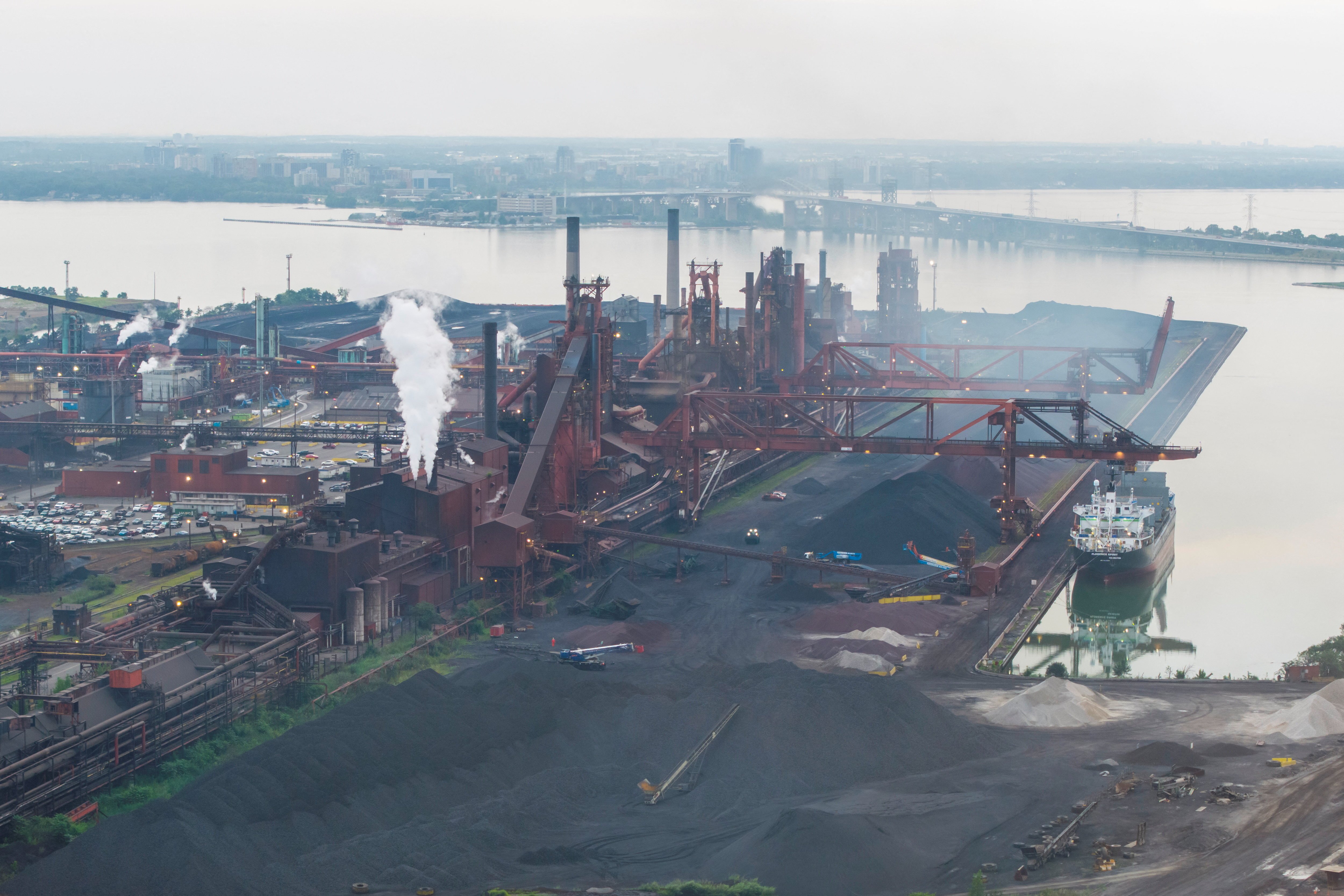 Florence Spirit cargo vessel at ArcelorMittal Dofasco steel plant in Hamilton Ontario facing Trump's 50 percent tariffs on Canadian steel exports