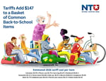 Infographic showing Trump tariff impact of $147.60 on back-to-school supply basket including gym bags, calculators, notebooks and lunch bags