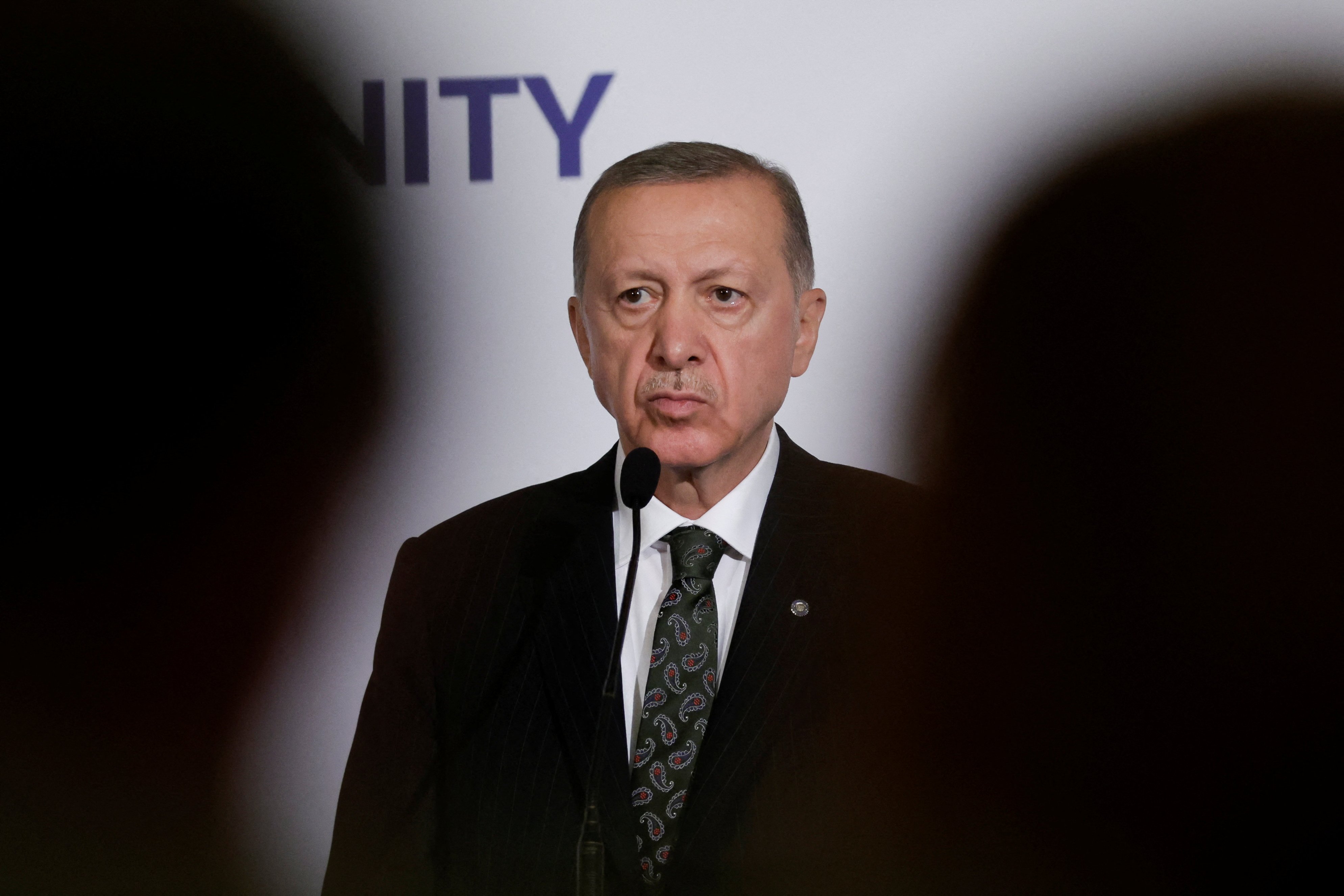 Turkish President Recep Tayyip Erdogan at a news conference during the European Political Community summit at Prague Castle in October 2022
