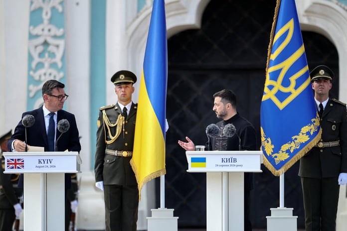 UK Prime Minister Andy Burnham with Ukrainian President Volodymyr Zelenskyy at the Coalition of the Willing meeting in Kyiv, August 24, 2026