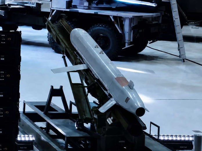 Russian S8000 Banderol cruise missile on a Kronshtadt Orion drone ground launcher, the weapon used in the Moldova airspace incident on August 17 2026
