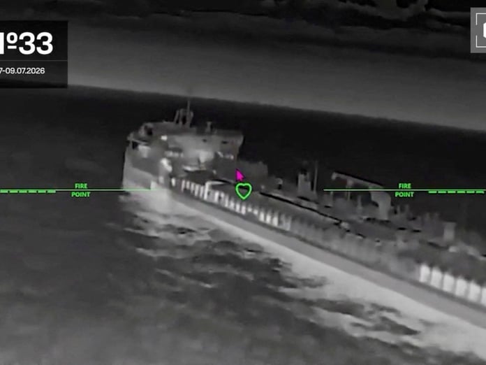 A screengrab of a Ukrainian drone striking what the Ukrainian military said was a Russian tanker in the Sea of Azov