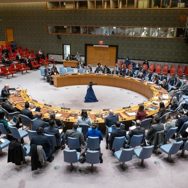 Wide view of the United Nations Security Council chamber in New York during a meeting
