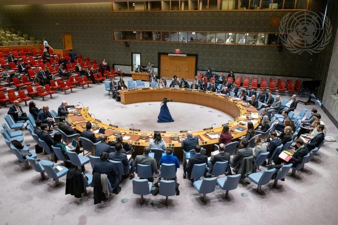 Wide view of the United Nations Security Council chamber in New York during a meeting