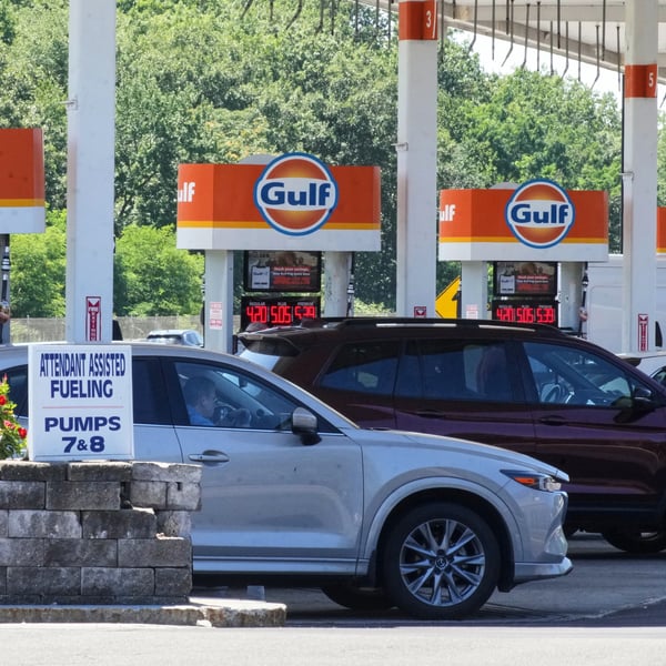 Cars at a Gulf Oil gas station reflecting rising gasoline prices amid US inflation July 2026