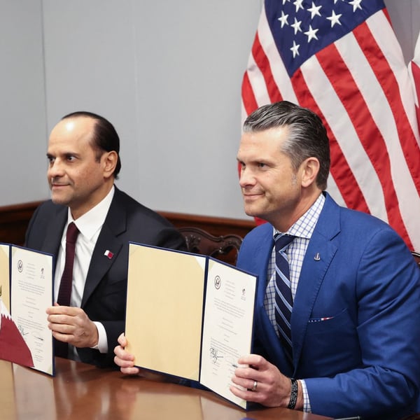 US Defense Secretary Pete Hegseth and Qatari Defence Minister Sheikh Saoud bin Abdulrahman Al Thani sign a defence agreement
