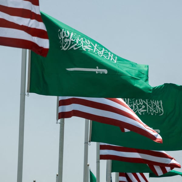 US and Saudi flags alongside highway in Riyadh marking nuclear cooperation pact signed July 2026