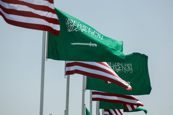 US and Saudi flags alongside highway in Riyadh marking nuclear cooperation pact signed July 2026