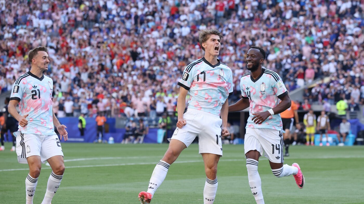 Charles De Ketelaere roars in celebration after scoring Belgium's second goal against the United States in the World Cup 2026 round of 16 at Seattle Stadium