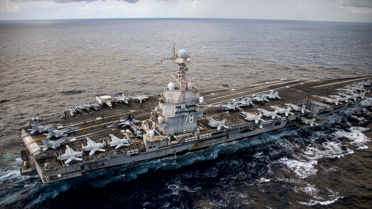 USS Gerald R. Ford (CVN-78) aircraft carrier underway in the Eastern Mediterranean Sea, 2026