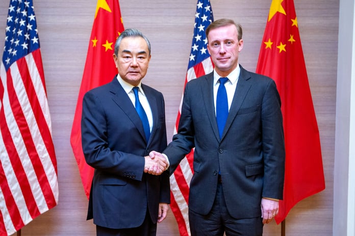 Chinese Foreign Minister Wang Yi meets US National Security Advisor Jake Sullivan in Bangkok in 2024