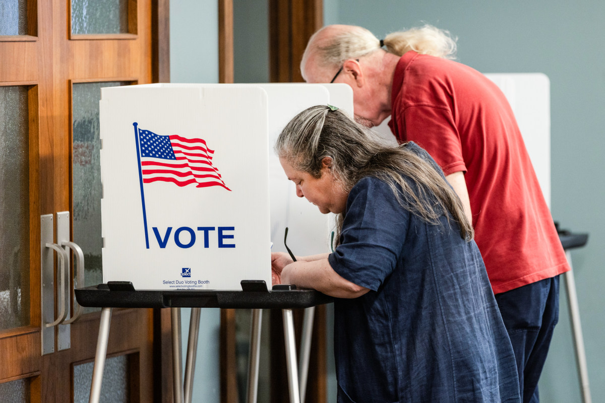 Voting booths in Wisconsin as residents cast ballots in the 2026 Democratic governor primary