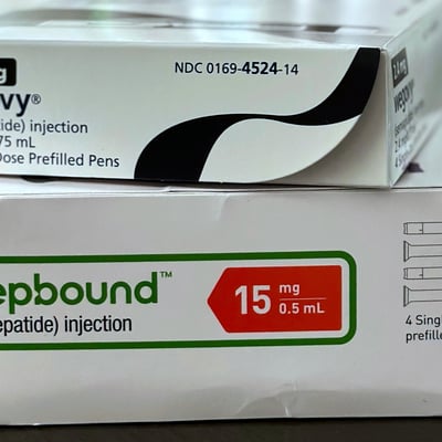 Boxes of Zepbound by Eli Lilly and Wegovy by Novo Nordisk weight-loss GLP-1 medications