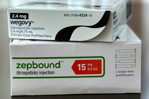 Boxes of Zepbound by Eli Lilly and Wegovy by Novo Nordisk weight-loss GLP-1 medications