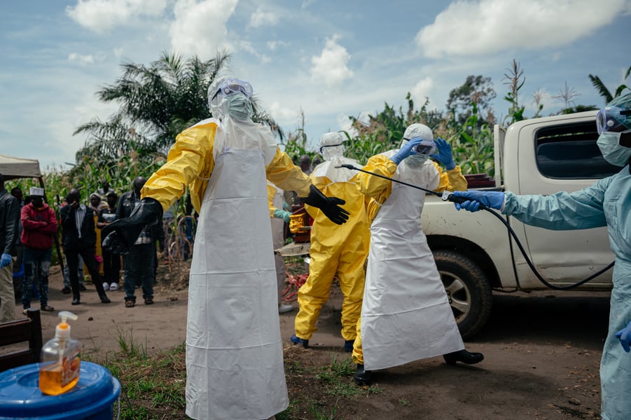 Congolese Red Cross workers in protective equipment during Ebola response operations in Bunia, eastern DRC