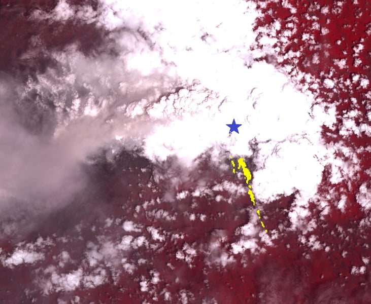 NASA satellite image showing the volcanic flows and ash plumes from Mount Merapi eruption in Indonesia