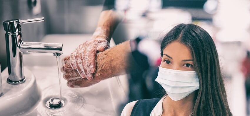 Coronavirus corona virus prevention for covid 19 banner. hand sanitizer alcohol gel rub vs washing hands hygiene in hospital or asian woman wearing face mask preventive epidemic spreading header.