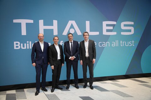 Pierre-Yves Jolivet, VP CyberDefence Solution, Marc Darmon, EVP Secure Communications & Information Systems, Michel Van Den Berghe, President of the Campus Cyber and Patrice Caine, Chairman and CEO of Thales at the Campus Cyber. (Photo: Thales)