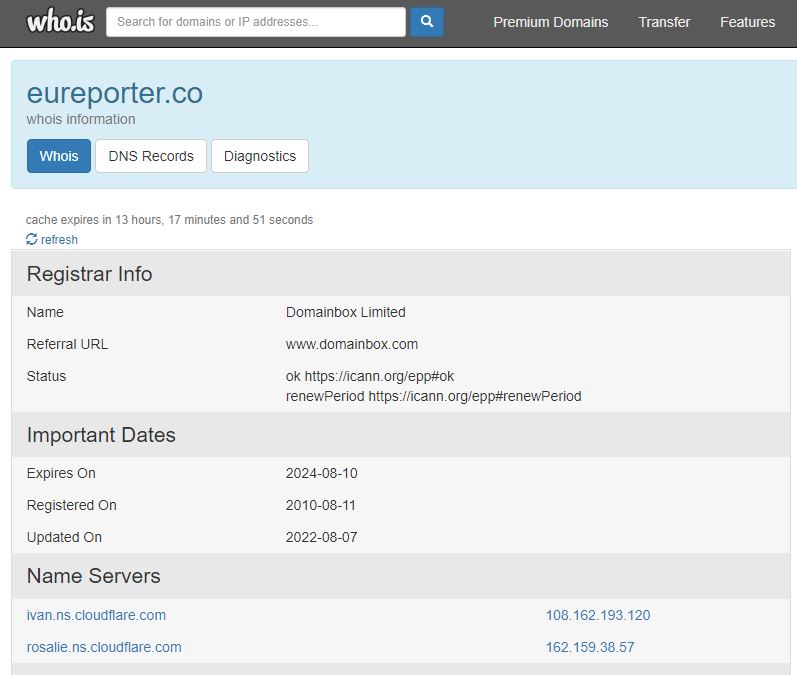 Domain name record of eureporter.co(Courtesy: WHO.is)