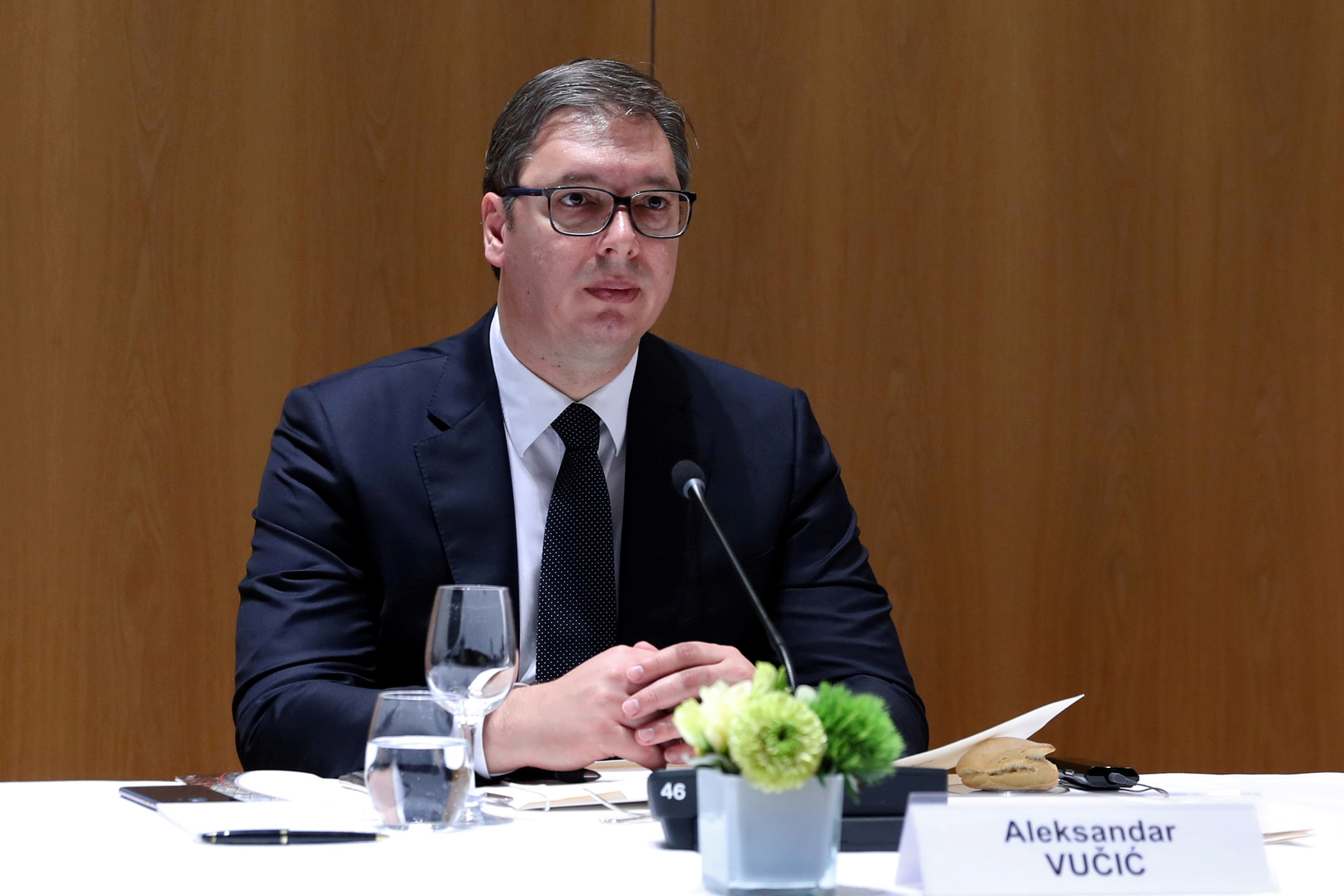 Serbia's President Aleksandar Vucic waits before a meeting of the EU-Western Balkans Summit at the EU headquarters in Brussels