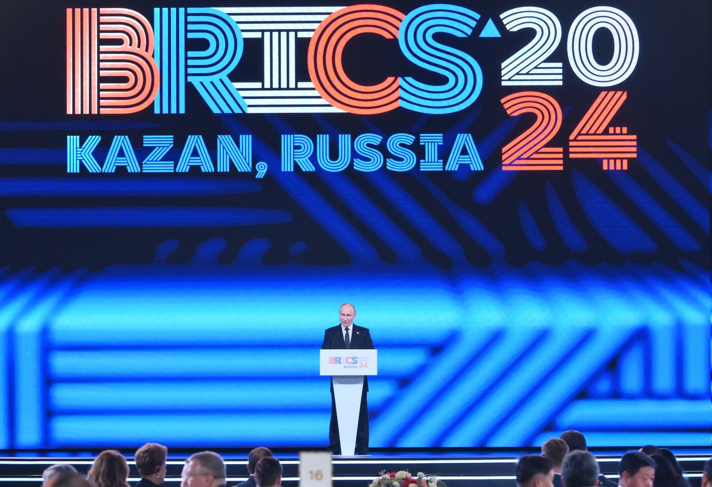 President of Russia Vladimir Putin addresses the official reception of the 16th BRICS Summit