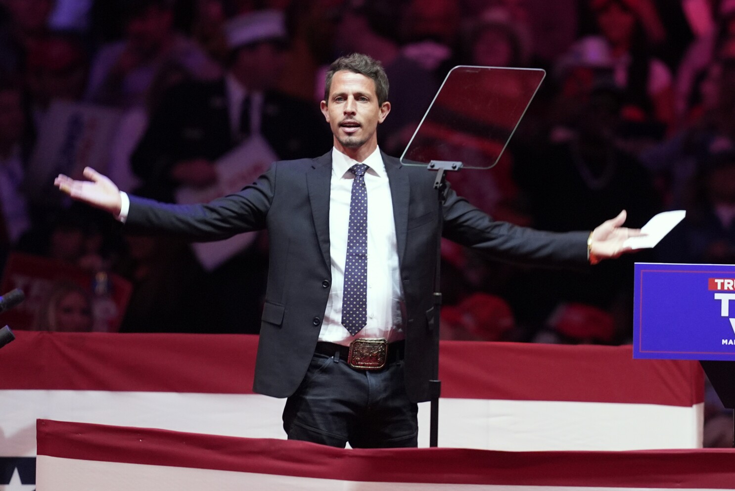 Tony Hinchcliffe arrives to speak before Republican presidential nominee former President Donald Trump during a campaign rally at Madison Square Garden,in New York