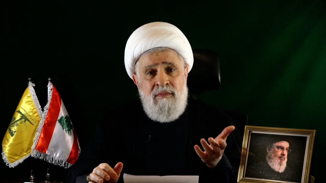 Naim Qassem delivering a speech