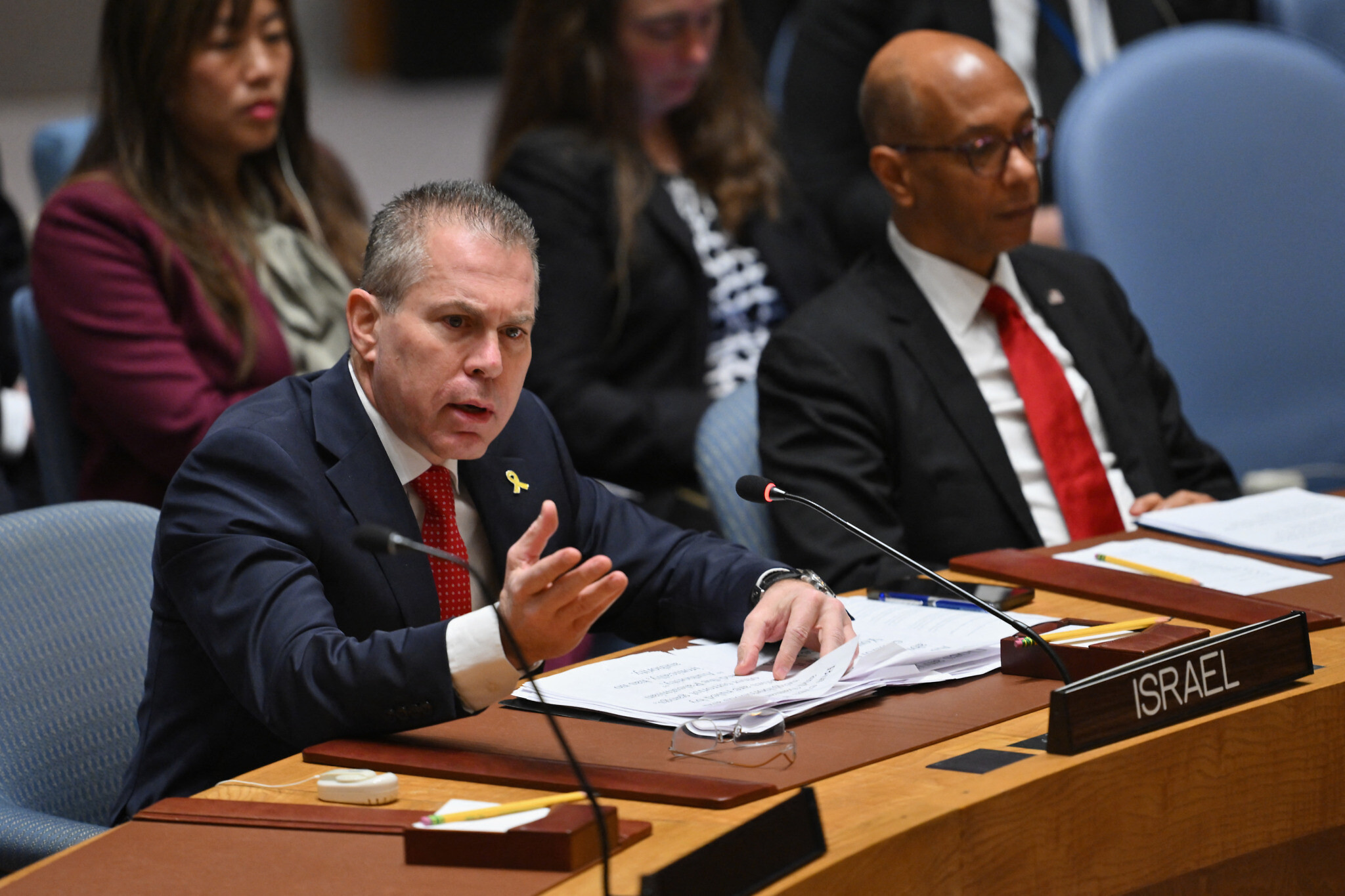 Israeli Ambassador to the UN Gilad Erdan during a United Nations Security Council meeting on the situation in the Middle East at UN headquarters in New York