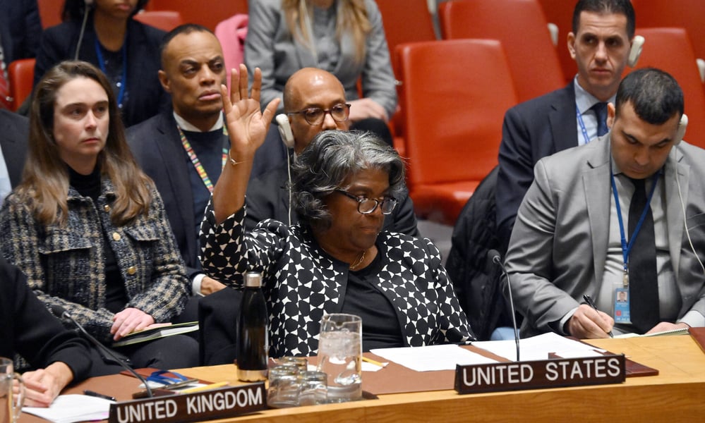 US Ambassador to the UN Linda Thomas-Greenfield casts a veto vote during a UN Security Council meeting on the Israel-Hamas war