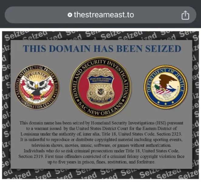 Takedown notice displayed on a seized StreamEast domain following the September 2025 enforcement action
