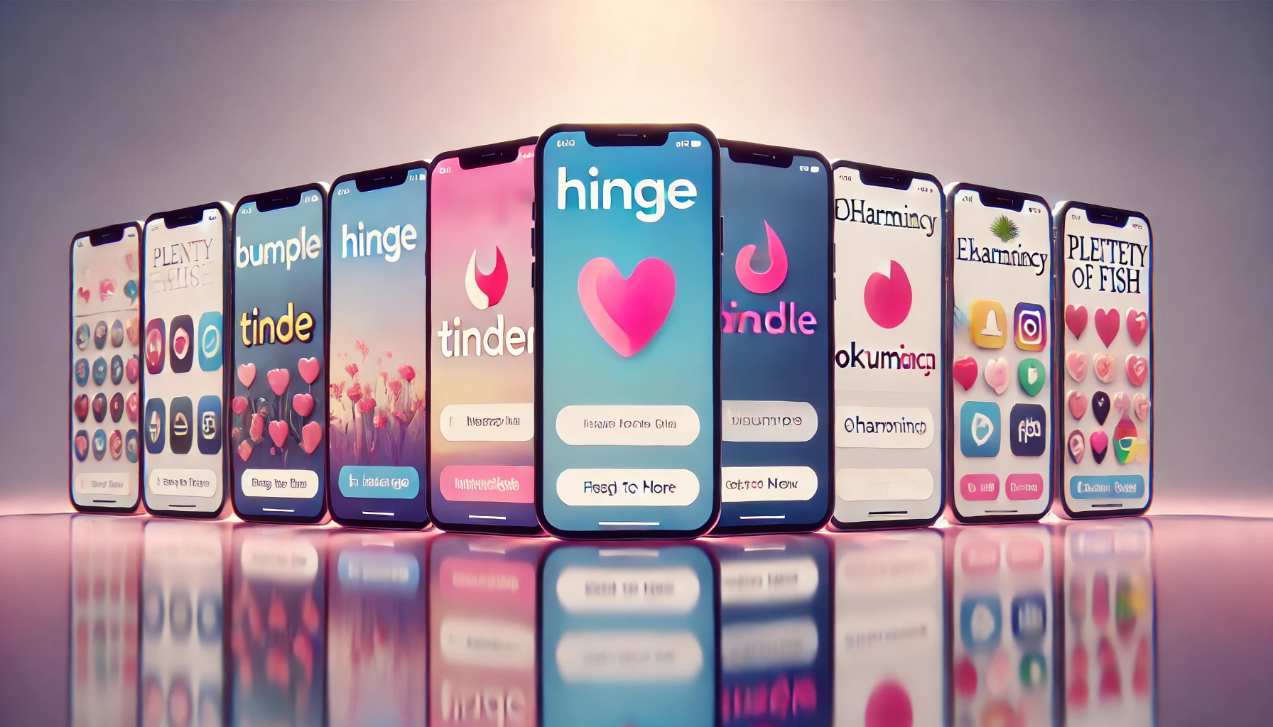 Popular dating apps Hinge, Tinder, Bumble, OkCupid, eHarmony Smartphone screens displaying popular dating apps like Hinge, Tinder, Bumble, OkCupid, eHarmony, and Plenty of Fish, highlighting the best dating apps of 2024 for finding meaningful connections and relationships