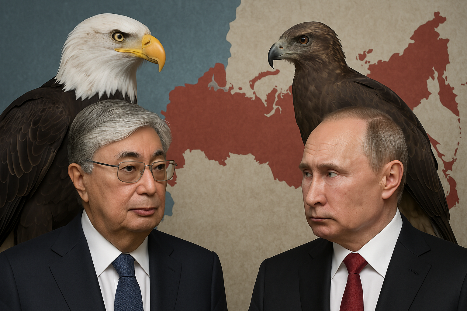 CEPA-Kazakhstan Russia relations, Tokayev, Putin, Kazakhstan, Russia, bald eagle, buzzard, geopolitical tension, CEPA, Central Asia politics, symbolic birds, Russia Kazakhstan relations, political contrast, international diplomacy, Eurasian influence, strategic rivalry