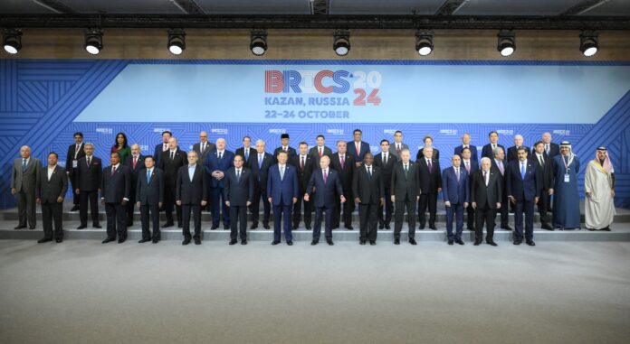 President Xi Jinping of China and President Vladimir Putin of Russia at the 16th BRICS Summit, symbolizing the BRICS alliance’s effort to challenge Western financial dominance and reshape the global multipolar order