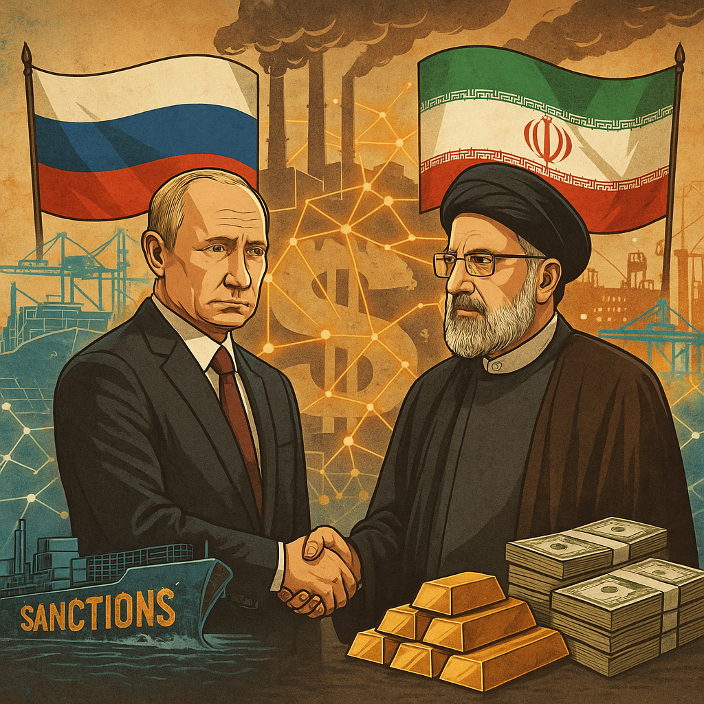 Putin Raisi handshake, Russia Iran economic cooperation, anti-sanction alliance, BRICS+ economy, gold trade, de-dollarization, parallel banking system, Iran Russia oil trade, sanctions resistance, alternative financial system, Eurasian partnership, non-SWIFT trade, global south economy, anti-Western financial bloc