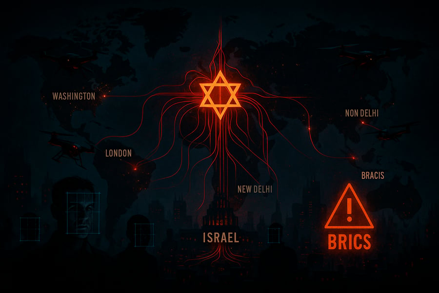 Zionist AI control grid linking Tel Aviv to global surveillance systems Zionist AI surveillance network connecting Israel to global cities with drones, facial recognition, and BRICS resistance alert