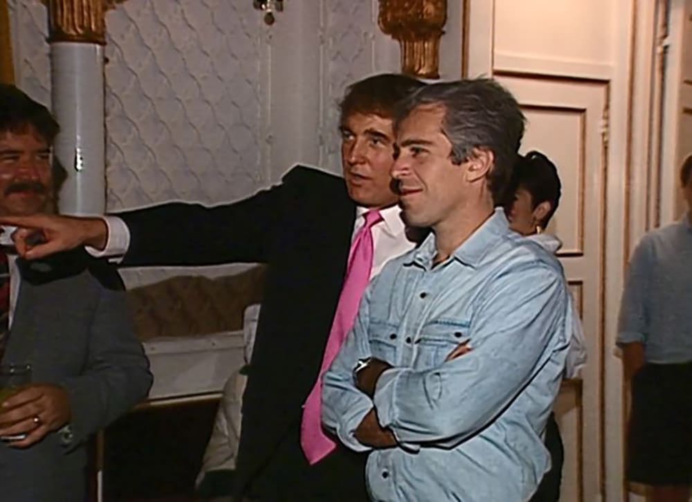 Jeffrey Epstein and Donald Trump photographed together before sex trafficking scandal Jeffrey Epstein and Donald Trump together in the 1990s during elite social gathering