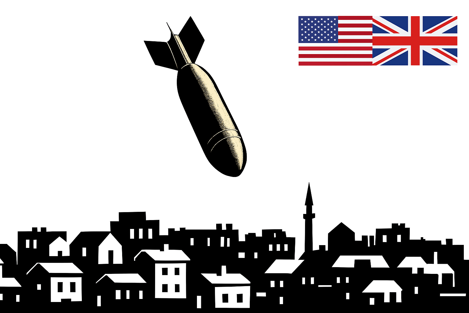US bomb, UK bomb, nuclear bomb, RAF Lakenheath, NATO war, American airstrike, British airbase, Cold War, city bombing, mosque target, military aggression, white background, US UK flags, aerial attack, nuclear threat, urban warfare