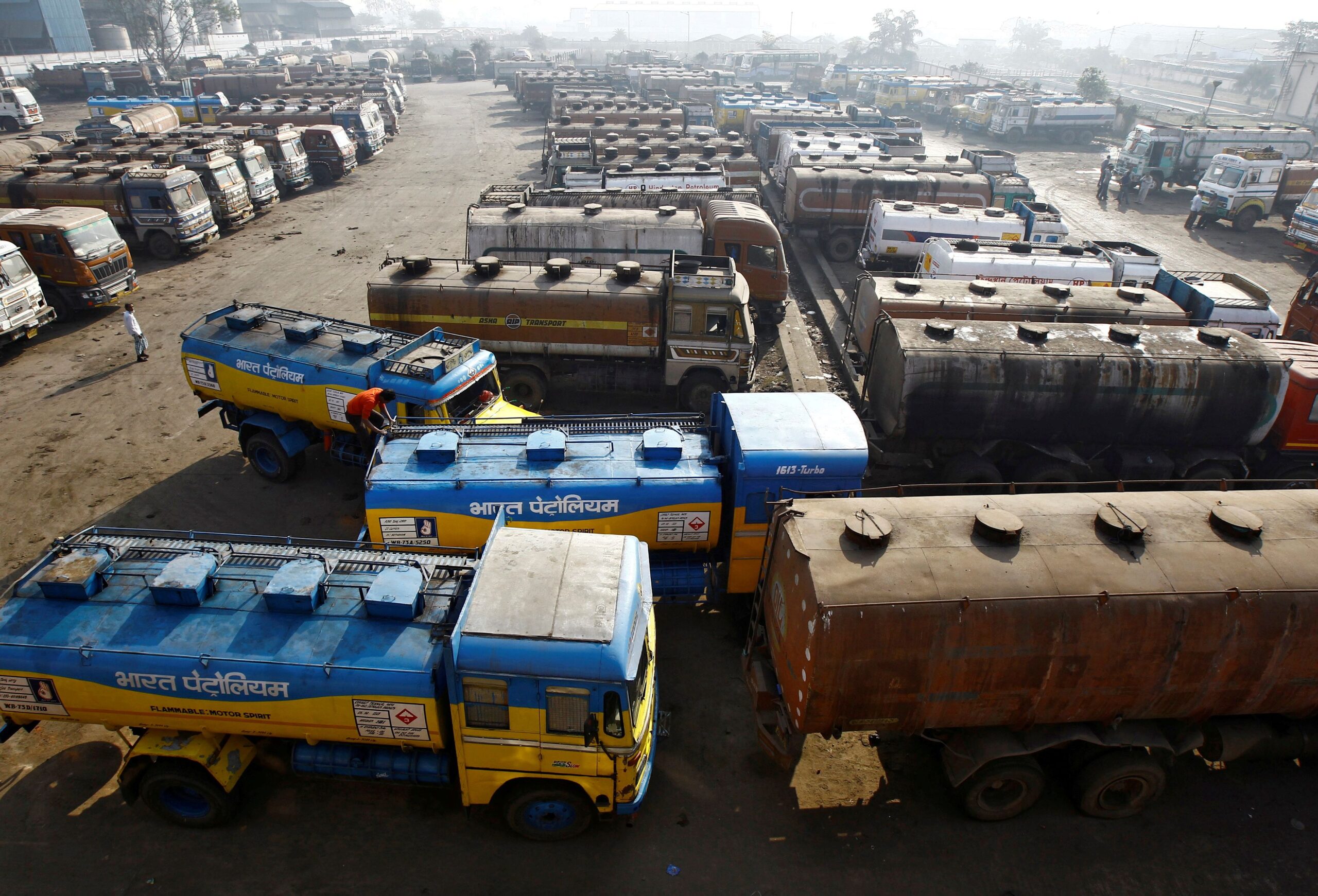 Oil trucks at Bharat Petroleum refinery in Mumbai amid US tariff threats over Russian oil