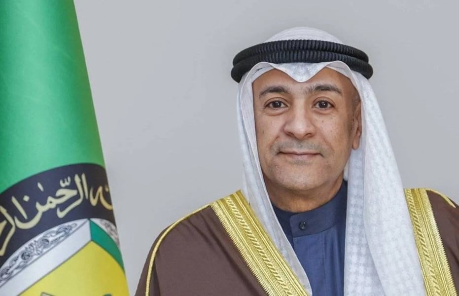 jassem mohammed al-badawi, secretary-general of the gulf cooperation council, speaking at a press conference on israel’s gaza occupation plan.