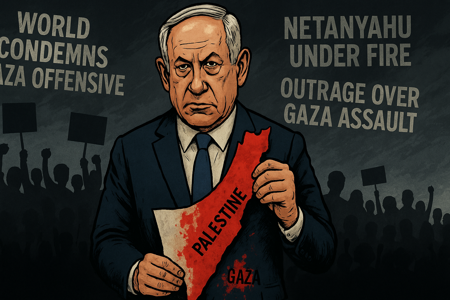 Benjamin Netanyahu holding a map of Palestine and Gaza with red markings, protest crowds and critical headlines in the background.