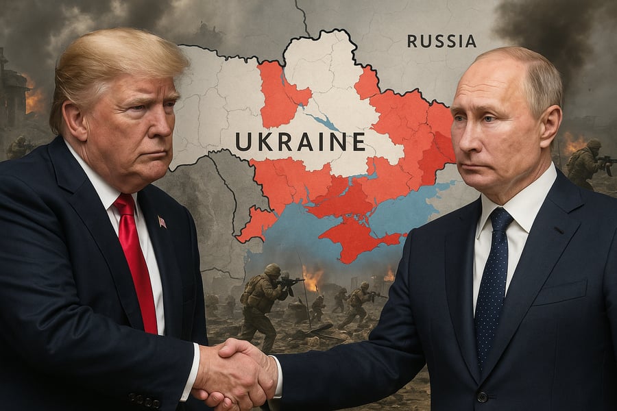 Donald Trump and Vladimir Putin shake hands in front of a Ukraine map highlighting captured areas, with a battlefield scene in the background.