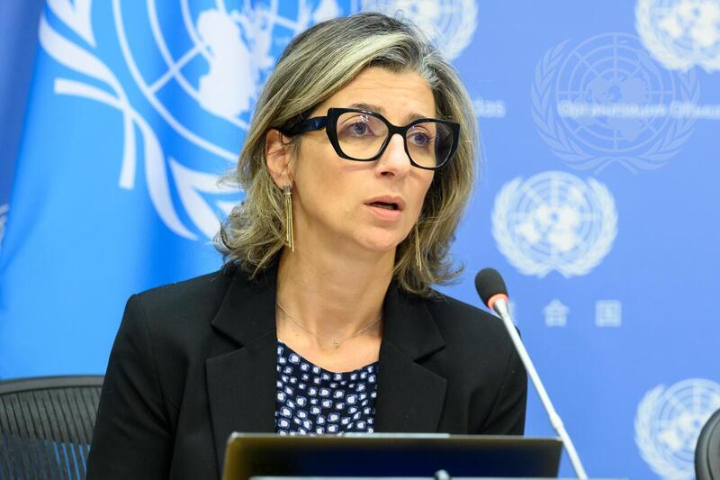 Francesca Albanese speaking at a UN event, urging UEFA to expel Israel after Gaza footballer Suleiman al-Obeid was killed