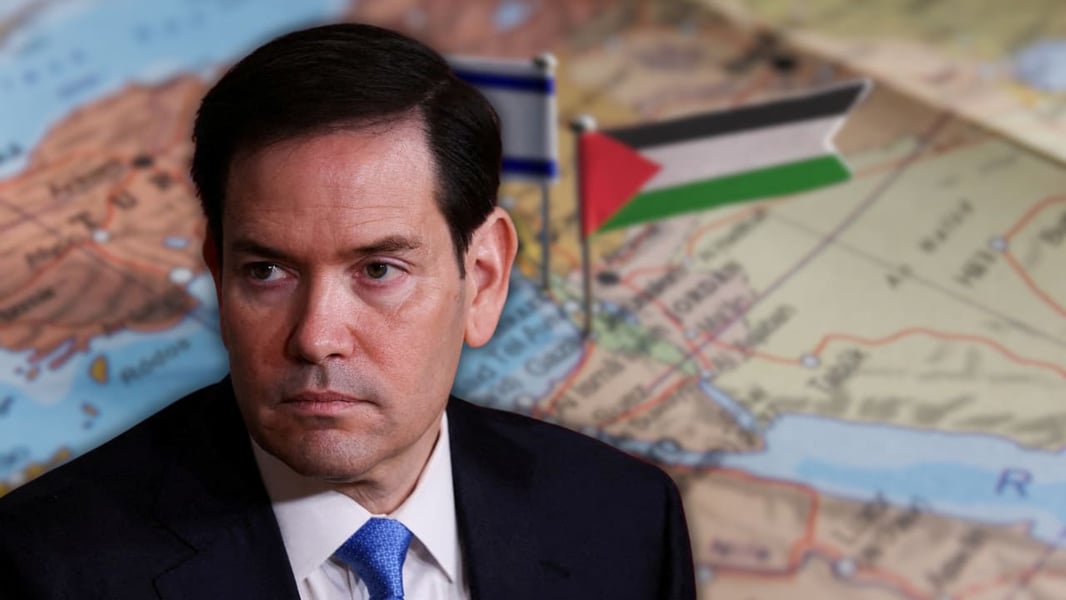 Marco Rubio, US Secretary of State, Israel, Palestine, geopolitical map, Middle East conflict, Palestine recognition, Gaza, diplomacy, international relations