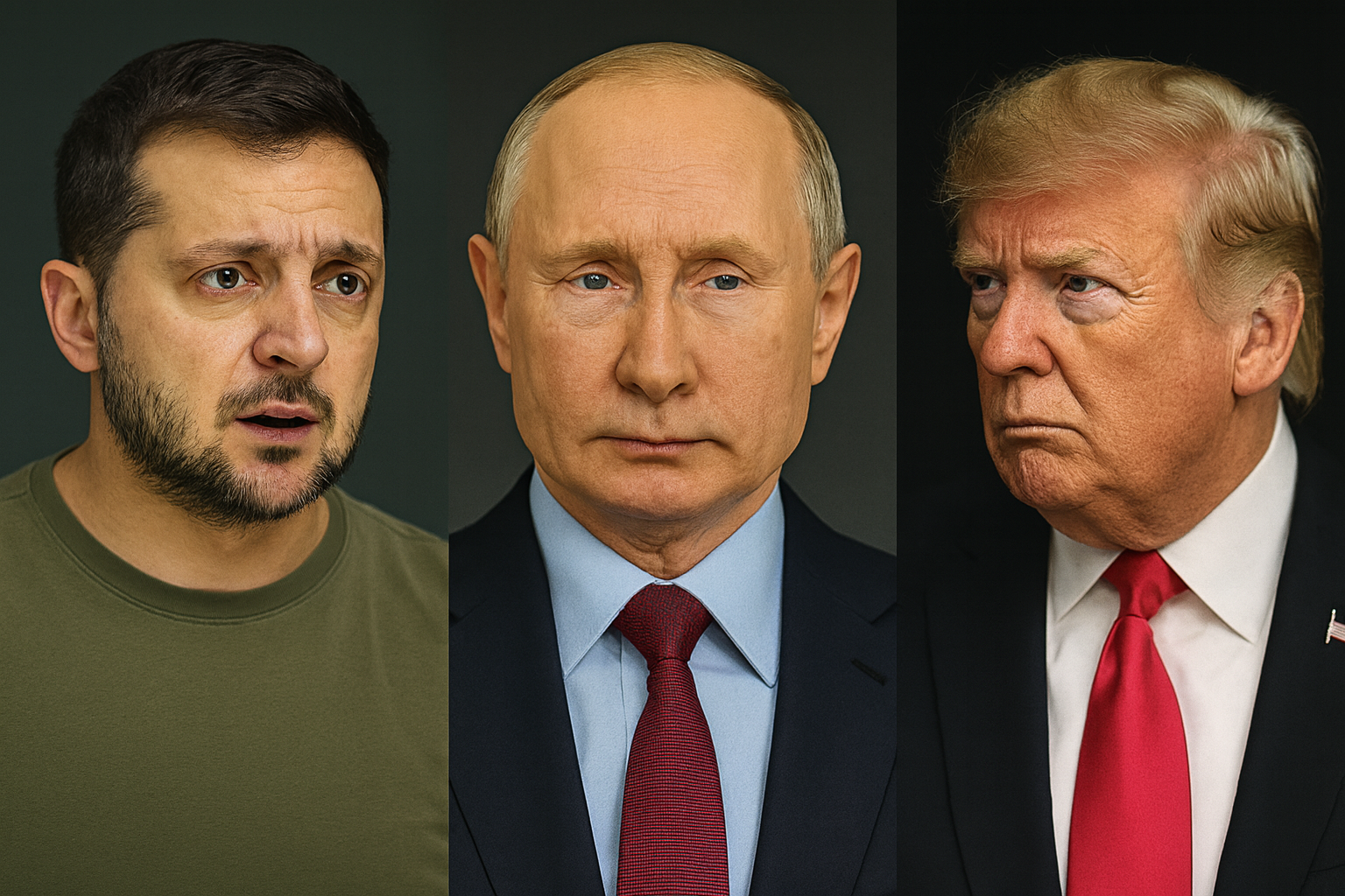 Zelenskyy and Trump facing each other with Putin between them