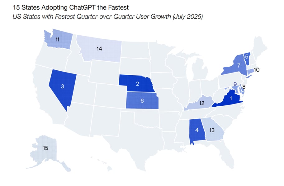 ChatGPT adoption map of the United States US map showing ChatGPT adoption and search interest by state